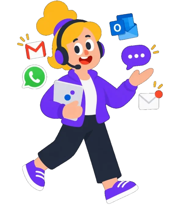 Illustratie van de Communicatie-agent met headset tussen mail- en chat-iconen.
