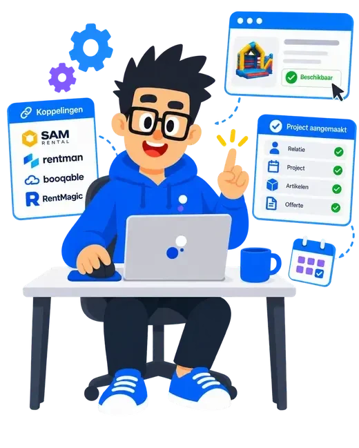Illustratie van de Software-agent achter een laptop met verhuursoftware-koppelingen.